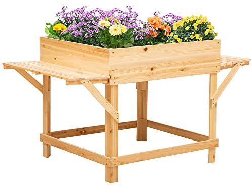 Outsunny - Jardinera Rectangular Maceta Semillero con Patas de Huerto Subrayado con Estantes Laterales y Película (Tela no Tejida, 130 x 75 x 75 cm), Color Natural