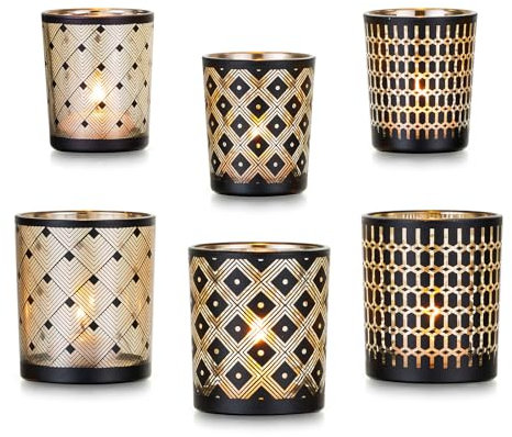 Candeldo Teelichthalter Modern Deko Schwarz Gold: 6 Stück Windlichter Teelichtgläser Tischdeko Kerzengläser Windlicht Outdoor Kerzen Dekoration Wohnzimmer Tischdeko Teelichtglas Deko Aesthetic