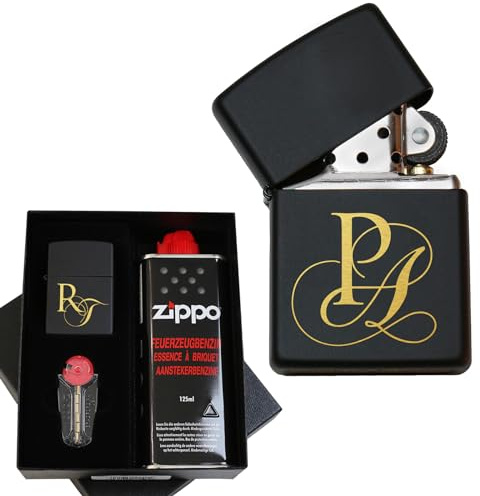 Accendino con incisione, nero, creato con accendino Zippo | Accendino tempesta con iniziali e nomi | Accendino a benzina inciso personalizzato
