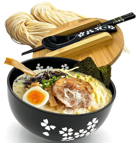 Ramen Schüssel Keramik Bowl Set - Instant Nudeln Schale mit Deckel Essstäbchen Suppenlöffel, Asiatisches Geschirr Pho Suppenschalen Salatschüssel Müslischalen Japanische Noodle Geschirrset Schwarz