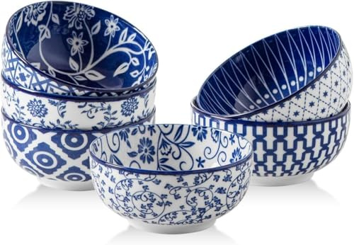 Cerkik Ceramic Dipping Bowls Set - Mini 4 Oz Dessert Bowls - Small 3.5 Inch Porcelain Bowls for Side Dishes, Snack, Yogurt, Appetizer - Microwave Dishwasher Safe - Set of 6 - Vintage Blue