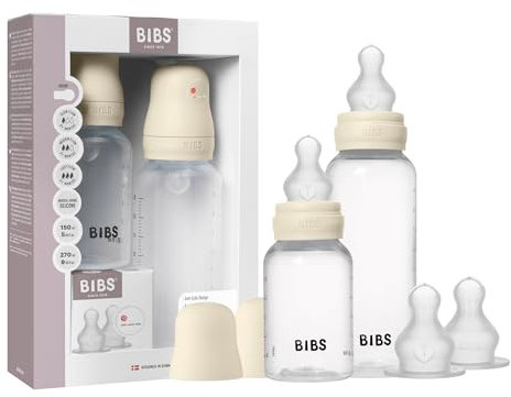 BIBS Babyflasche Grow & Flow Startersatz. Sauger aus Silikon - Babyflaschenset. Anti-Kolik. BPA-frei. Langsamem/Mittlerem/Schneller Fluss. Geeignet für Neugeborene ab 0 Jahren - Ivory
