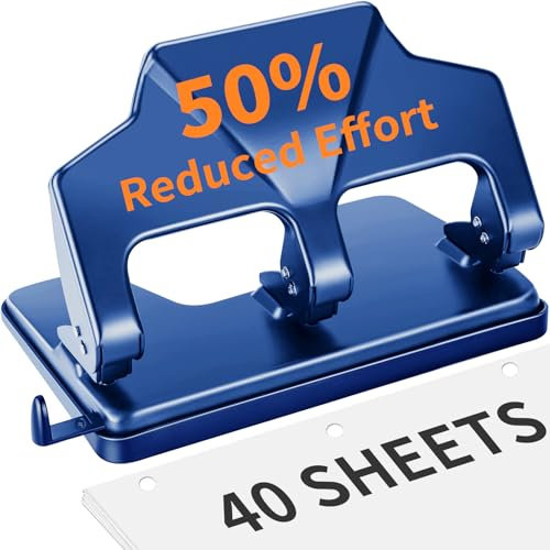 AFMAT Locher, Locher 3 Loch, Stabil und Kräftig für 40 Blatt Locher Groß, Hole Puncher 50% Weniger Kraftaufwand, Büro Loche Metall-Papierlocher für Büro, Schule und Zuhause,Blau