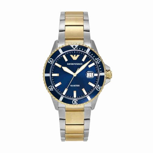 Emporio Armani Watch for Men, Quartz Movement and 42mm Case Size with Stainless Steel, Leather or Silicone Strap Blau und Silberton, 42MM