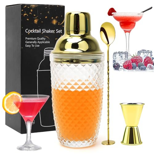 Gohytal Bicchiere da cocktail shaker da 400 ml, in vetro trasparente dorato, per cocktail e cocktail shaker in vetro, set con misurino e cucchiaio, per casa, bar, feste per baristi e uso domestico