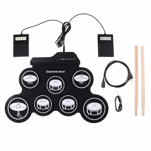 NEWFUN Schlagzeug Elektronisch, Elektronisches Schlagzeug, E Drum, Elektronisches Schlagzeug, Roll-up Drum Practice Pad mit 7 Silikon Schlagzeug Pads mit Mallets und Fußpedal für Anfänger und Kinder