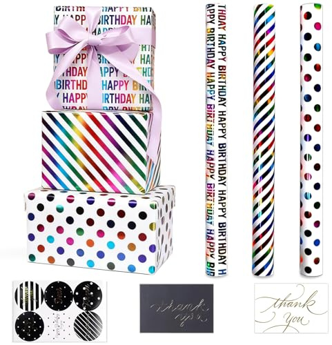 Lot de 3 rouleaux de papier cadeau d'anniversaire gaufré à chaud multicolore 43 x 300 cm par rouleau, de qualité supérieure et extra épais, carte de vœux incluse.