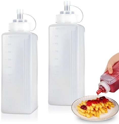 UOSIWYA 2 botellas de apretón, botella de 1000 ml, boca ancha, botella dosificadora de plástico con tapas, botellas de condimento para aceite de oliva, hornear