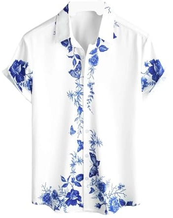 JMORCO Camisa Hawaiana Hombre Camisa Informal de Manga Corta con Cuello Abotonado y Estampado Floral Azul for Hombre, for Verano Playa(Color 1,L)
