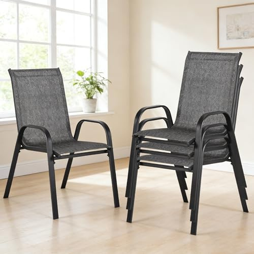 Lot de 4 Chaises de Jardin Extérieur, Chaise Exterieur Terrasse Empilables, Fauteuil de Jardin Exterieur Cadre Métal Ergonomiques, Max 135KG, Chaise Salle à Manger avec Courantes Dossier Haut, Gris