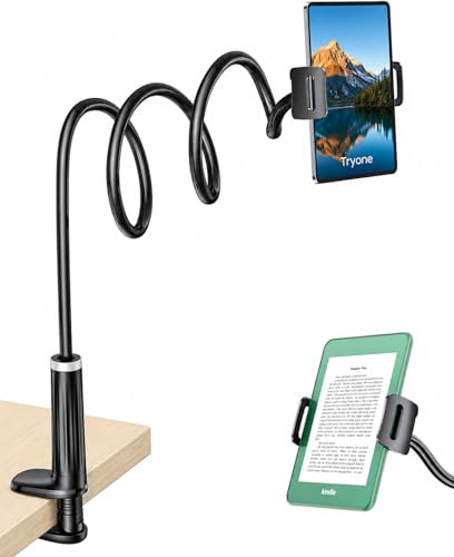 TRYONE Support Tablette et Kindle à Col de Cygne, Base Rotative 360°, Bras Flexible 90 cm, Longueur Totale 107 cm, Compatible iPad, Kindle, Galaxy Tab, Switch et Appareils 4,7-12,9 Pouces