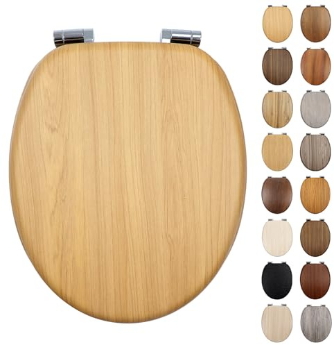 Fanmitrk Traditional Wooden Toilet Seat Soft Close, MDF Adjustable Hinges with Bottom Fixture,Easy to Clean and Install for Bathroom (JHE122-1-01A)