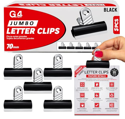 G4GADGET Pack of 5 Jumbo Black Bulldog Clips 70mm – Heavy-Duty Metal Binder Clips – Strong Grip Paper Clips for Office, School & Home – Ideal for Securing Documents & Files