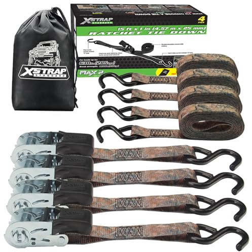 XSTRAP STANDARD 4 Pack 1 x 15' Ratchet Tie Down Straps - 630 Lbs Load Cap, 1890 Lbs Break Strength, Heavy Duty Cargo Straps for Moving, Truck & Motorcycle, Camouflage
