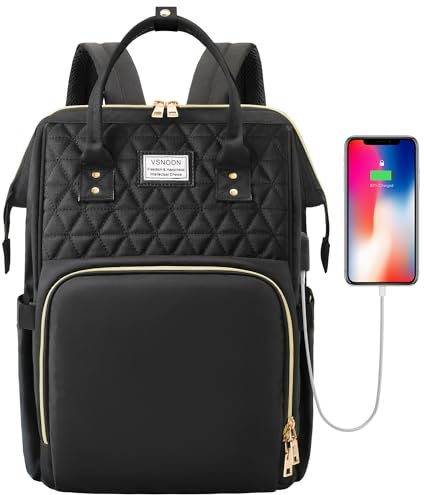 VSNOON Laptop Backpack for Women,15.6 Inch Stylish Laptop Rucksack Wide Open, Travel Backpack with USB Charging Port, Water Resistant Work Bag Computer Backpack for Women, Black