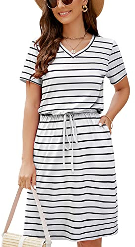 HUSKARY Summer Dress 2026 Spring Trendy Women Casual Short Sleeve V Neck Adjustable Waistline Knee Length Drawstring Midi T-Shirt Dresses with Pockets