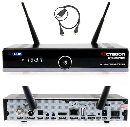 Octagon SF8008 UHD 4K Supreme Combo + 4TB Hard disk interno, ricevitore satellitare e DVB-T2, E2 Linux & Define OS, con funzione di registrazione, M.2 M Key, Gigabit LAN, lettore di schede, SAT to IP