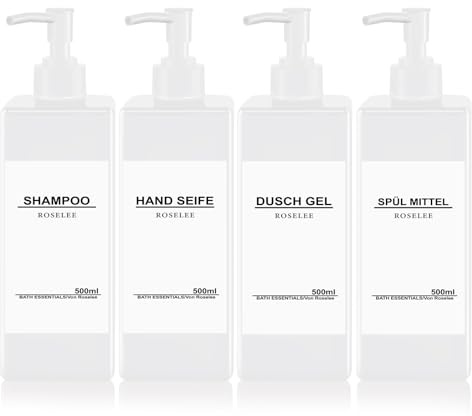 Roselee 4er Seifenspender Set, 500ml Seifenspender Dusche, Kunststoff Pumpspender mit Trichter und Wasserdichten Etiketten Shampoo Spender für Küche Badezimmer Bad Weiß