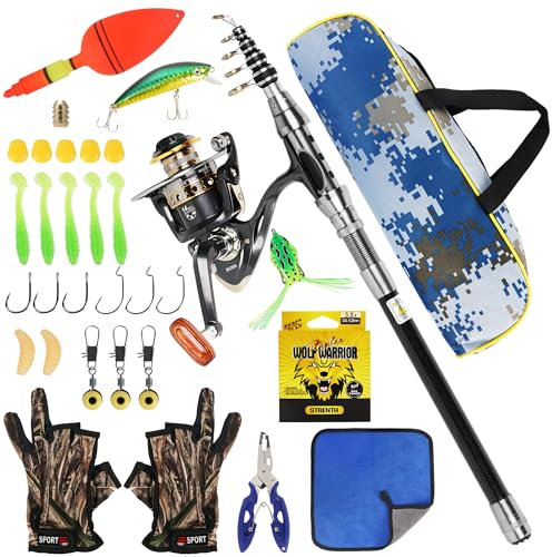 Teleskop-Angelruten- und Rollen, Kombi-Set, 2,1m Lange Metallrute mit Angelschnur/Angelköder-Zubehör/Tragetasche, Angel-Spinnruten- und Rollen-Kombi-Komplettset für Salzwasser und Süßwasser