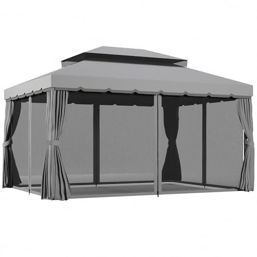 Outsunny 3 x 4m Aluminium Garden Gazebo, Marquee Canopy Shelter Pavilion Party Tent with Nets and Curtains for Garden and Deck, Light Grey