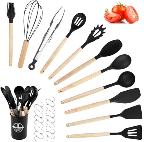 Legpador Utensilios de Cocina(27Pcs), Juego Cucharones de Silicona, Accesorios Set, Menaje, para Todas Ollas, para Hornear en La Cocina, con Cubo para Guardar Utensilios de Cocina(Negro)