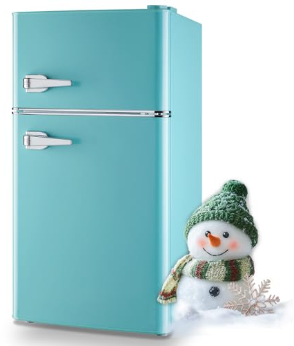 Small Refrigerator with Freezer Double Door Mini Fridge Adjustable Glass Shelves, Detachable Handle,7 Level Temperature Control Fridge for Dorm, Office, Apartment Blue