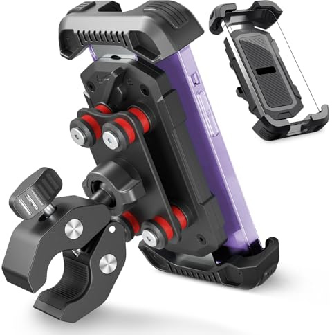 Soporte para teléfono móvil para motocicleta, soporte para bicicleta, soporte para manillar giratorio 360°, doble amortiguador de vibraciones, instalación sin herramientas, soporte universal para