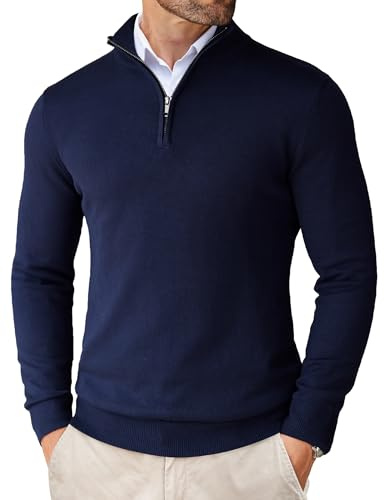 COOFANDY Men's Jumpers Quarter Zip Knitted Sweater Long Sleeve Warm Winterpullover Lightweight Solid Jumpers Classic Dark Blue XXL