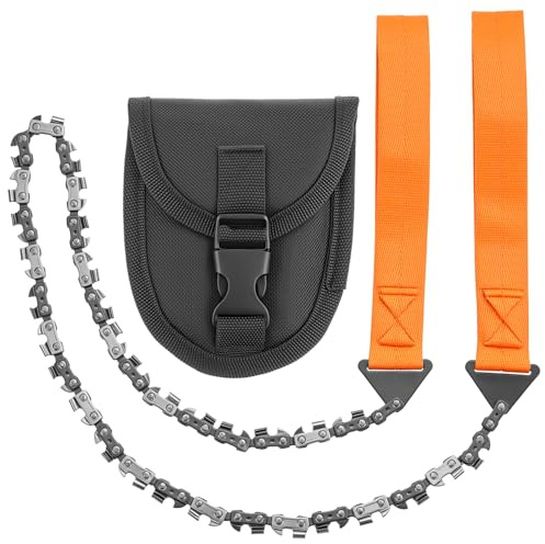 QWORK® Sierra de cadena de mano con 33 dientes, 103 cm de acero manganeso 65 – incluye bolso de cinturón, para camping, supervivencia, accesorios al aire libre y jardín