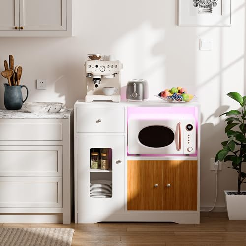 Ztexkee Sideboard Kitchen Storage Cabinet with Power Socket and LED Light Strip Kitchen Cupboard with Microwave Oven Compartment Sideboard for Living Room Dining Room 83x40x80 cm White and orange