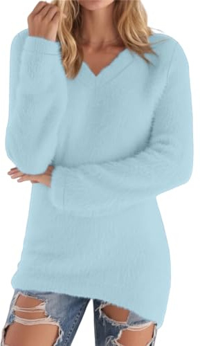 Fleece Jumper Women V Neck Cashmere Jumpers Ladies Sweaters Solid Color Oversized Sweatshirt Autumn Winter Knitted Jumper Casual Thermal Pullover Soft Warm Long Sleeve Tops Knitwear