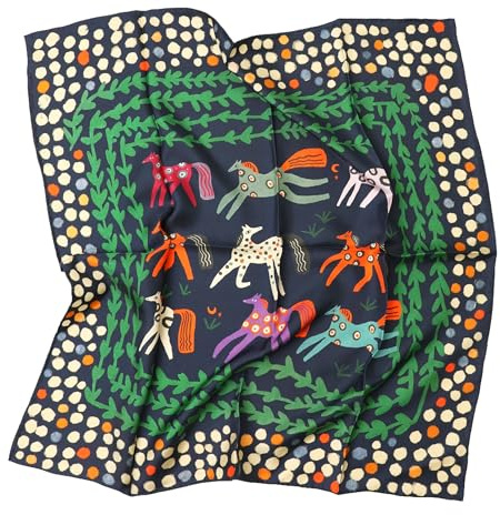 Prettystern Foulard femme en soie crêpe satin 65x65 cm, carré en soie aux bords roulottés main, bleu navy, motif folklore chevaux, 48B