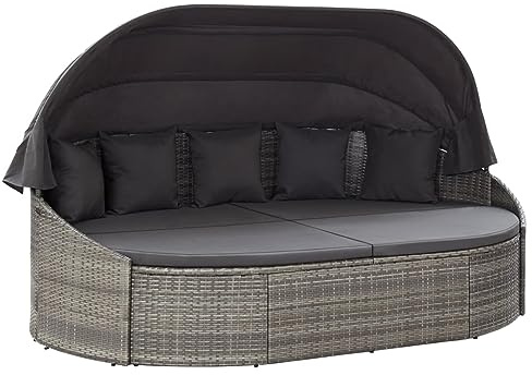 VIHHQGC Patio Sun Lounger Grey PE Rattan Large UV-Resistant Outdoor Daybed with Canopy for Garden Backyard Balcony, Oval Double Sunbed with Removable Shade and Comfortable Cushions,
