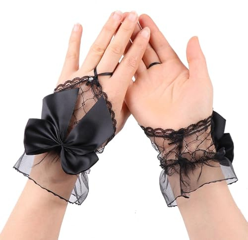 Women Fingerless Lace Gloves Sheer Mesh Bow Rhinestone Gothic Vintage Party | Short ruffle trim with fine workmanship, perfect for cosplay, weddings & tea events, lightweight fabric for comfortable wear