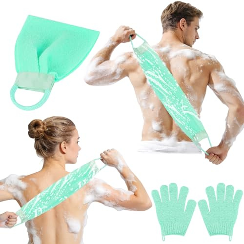 AYBUY Set Guanto Scrub Corpo, 2 Guanti Esfolianti e 1 Scrubber per la Schiena, Panno Esfoliante Corpo Asciugamani Esfolianti per il Corpo Unisex, Guanti Esfolianti per Esfoliante/Doccia/Spa (Verde)
