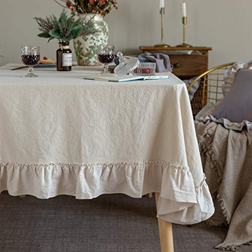GLORY SEASON Retro Farmhouse Ruffle Tablecloth Cotton Flounces Trim Washable Table Cover Tablecloths For Rectangle Table Baby Shower Kitchen Party Wedding Decor White, 60''x102''