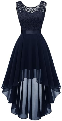 Berylove Women's Vintage Floral Lace Chiffon Hi-Lo Wedding Formal Swing Dress 35NavyM