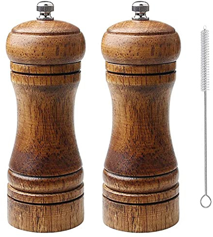 Wooden Salt and Pepper Grinder Set, Retro Manual Salt and Pepper Mills Shakers with Ceramic Core, Adjustable Coarseness, 5 Inches, Pack of 2 for Kitchen BBQ Restaurant