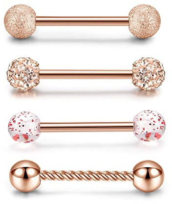 PiercingJak 4er 14mm Zungenpiercing Barbell Set 14 Gauge Edelstahl Brustwarzen Nippel Tongue Piercing Stecker mit Verschieden Kugeln, Rosegold