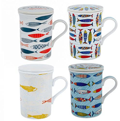 ROCKING GIFTS Taza Mug Té Tisana 330ML con Tapa y Filtro Infusor, Modelo Surtido (1 Unidad), Porcelana Peces de Colores, con Caja de Regalo, 11 cm