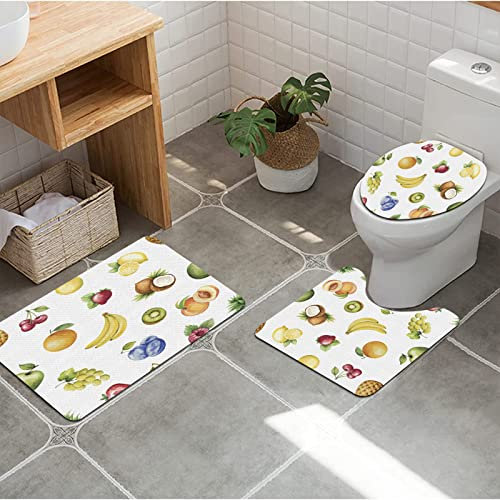 Badezimmer Set,Aquarell-Stil-Effekt-Früchte wie Bananen-Trauben-Zitronen-Pflaumen-Kirsch-Illustration,rutschfeste Badematte und WC-Vorleger-Set, schnelltrocknend, weich, wasserabsorbierend,3-teilig