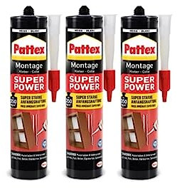 Pattex Montagekleber Super Power, Baukleber mit superstarker Anfangshaftung, Kraftkleber für saugende Materialien, Kleber für innen & außen, Aktionspack mit 3 x 370g, 9H PXS37
