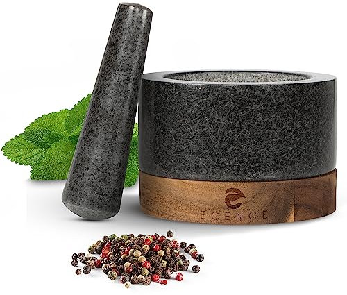 ECENCE Mortaio con Pestello in granito con base robusta ed elegante in legno di acacia - Mortaio in pietra massiccia per erbe e spezie per una macinatura perfetta - Ø11cm