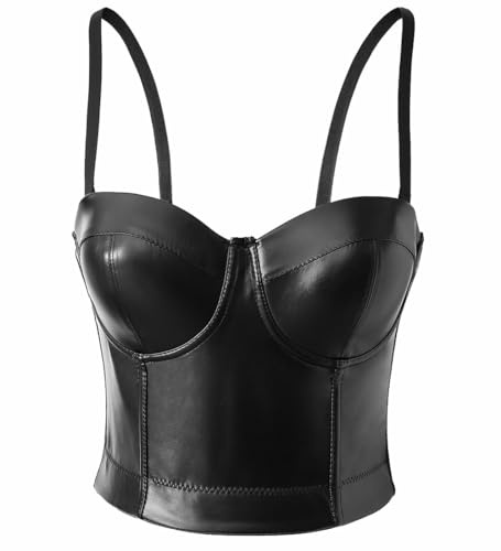 Mujer Bustier Sexy Corsé Top de Piel Sintética Gótico Steampunk Corset Push Up Crop Top Bra Cuero Corpiño Vintage Cintura Camiseta Corto Sin Mangas Sujetador Tops Negro para Club Party Carnaval