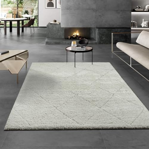the carpet Velvet eleganter Designer Teppich Wohnzimmer, weicher & pflegeleichter Hochflor Wohnzimmerteppich in Creme-Raute 80 x 150 cm