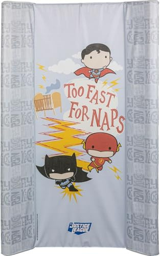 Tataway Dc Comics Justice League piano cambio con sponde, e grafiche dei supereroi Spiderman, Flash e Batman, materassino fasciatoio da tavolo per bambini, misure 81x50x9,5 cm