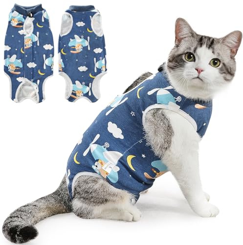 Eyein Cat Recovery Suit, Comfortable Cat Surgery Recovery Suit, Cone Collar Alternative for Female Male Cats, Kitten Onesie Pet Surgical Spay Recovery Suit for Abdominal Wound Skin Diseases(Blue,S)
