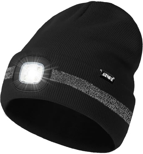 ATNKE LED Cappello con Luce, USB Ricaricabile 4 LED Luce Cappello da Corsa Invernale Torcia Testa Calda Berretto Lavorato Maglia con Riflettente Striscia Regali per Uomo e Donna/Black