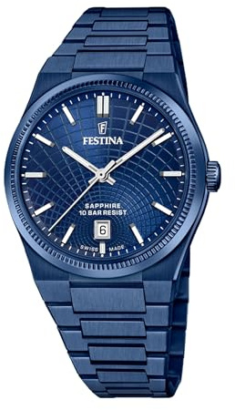 Festina Swiss Made Herrenuhr Analog - Edelstahl 316L Blau - Quarzwerk - Datum - Saphirglas Hohe Widerstandsfähigkeit - Wasserdicht 10 ATM - F20078/1 Rive Collection