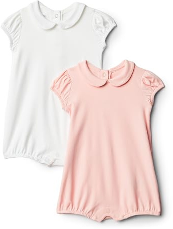 Amazon Essentials x Sofia Grainge Baby Girls' Cotton Short-Sleeve Romper Suit with Peter Pan Collar, Pack of 2, Light Pink/White, 6-9 Months